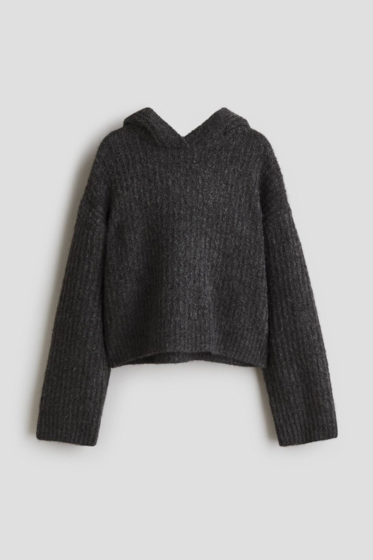H&M Свитер в рубчик с капюшоном, темно-серый