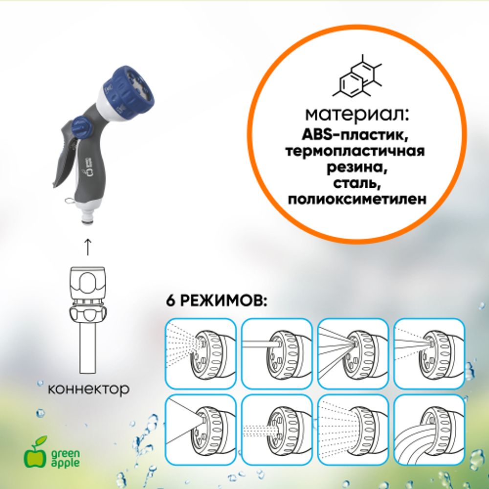 GWHM12-037 GREEN APPLE Пистолет-распылитель, пластик, 8 режимов | Аксессуары для полива Green Apple