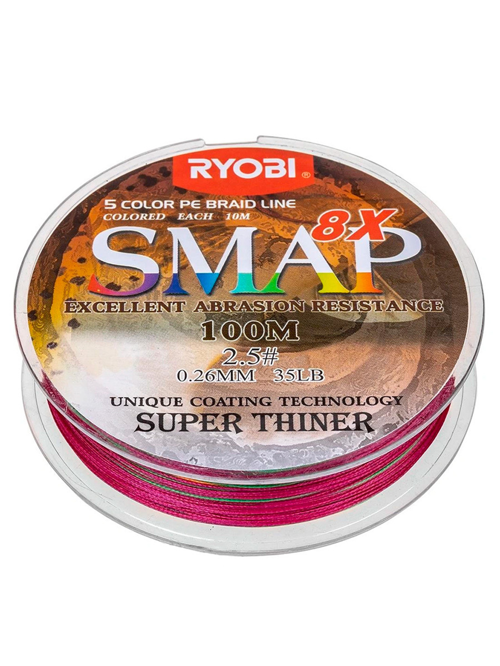 Шнур плетеный для рыбалки Ryobi SMAP PE8X-100M Multi Colour 6.0# 0,405мм