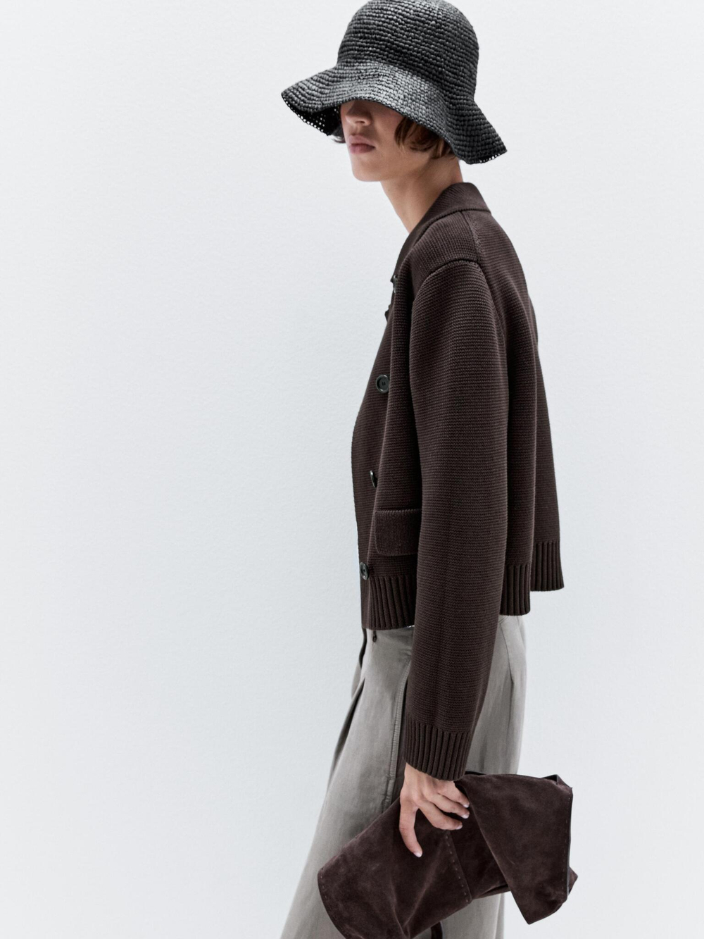 Massimo Dutti Двубортный трикотажный кардиган из 100% хлопка, коричневый