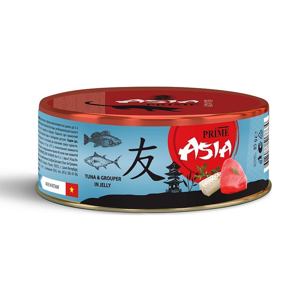 Влажный корм для кошек PRIME ASIA Тунец с рыбой групер в желе, Банка 85 г