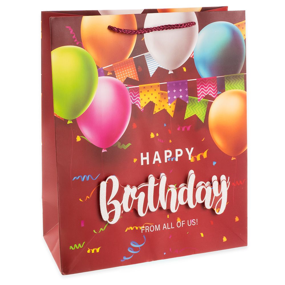 Пакет подарочный 3D, Happy Birthday To You, Дизайн №4, Красный, с блестками, 32*26*12 см, 1 шт.