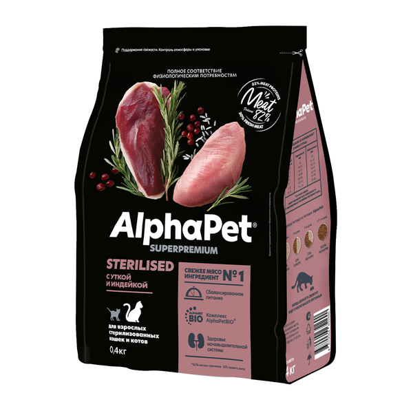 Уценка! Срок 13.07.26/ Сухой корм AlphaPet Superpremium для взрослых стерилизованных кошек и котов с уткой и индейкой