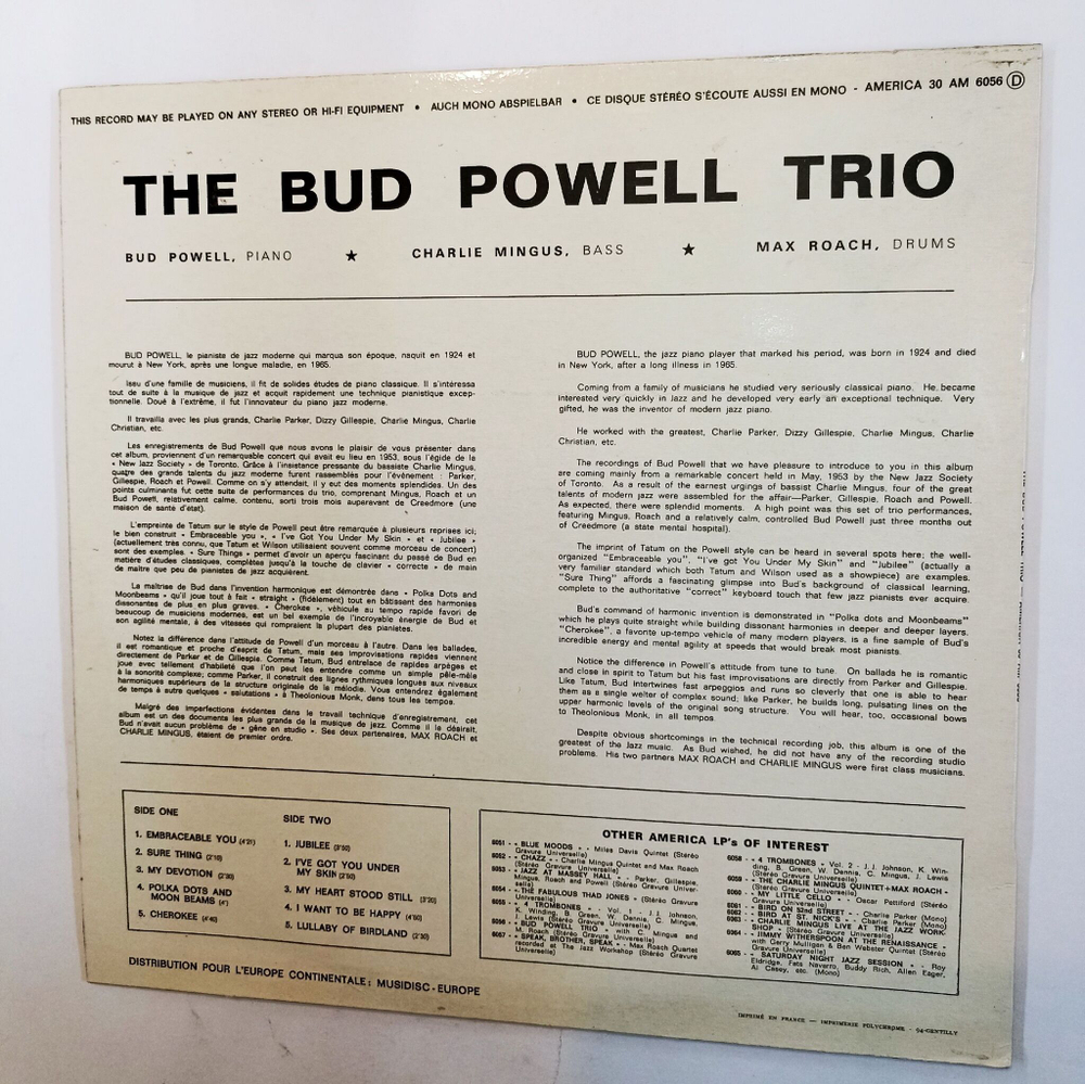Винтажная виниловая пластинка LP The Bud Powell Trio The Bud Powell Trio (France 1970)