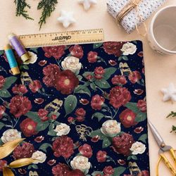 Ткань шифон бархатные маки и белые розы на тёмно-синем фоне