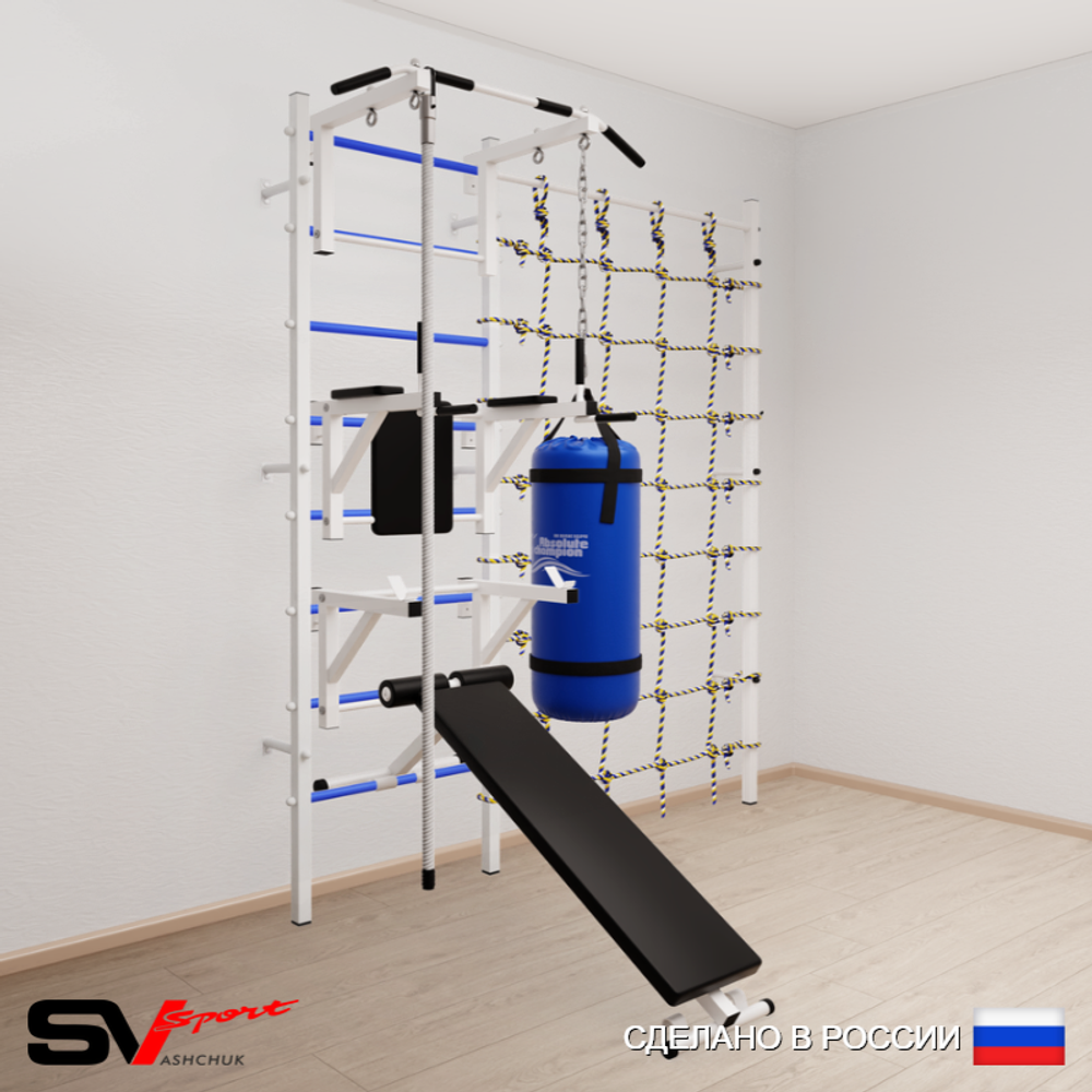 Шведская стенка Sv Sport усиленная 69010 (Турник стандарт/Брусья/Стойка/Скамья/Канат/Цепь/Мешок 15кг/Канатный лаз)