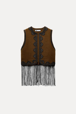 ZARA ТРИКОТАЖНЫЙ ЖИЛЕТ С БИСЕРОМ, КОРИЧНЕВЫЙ