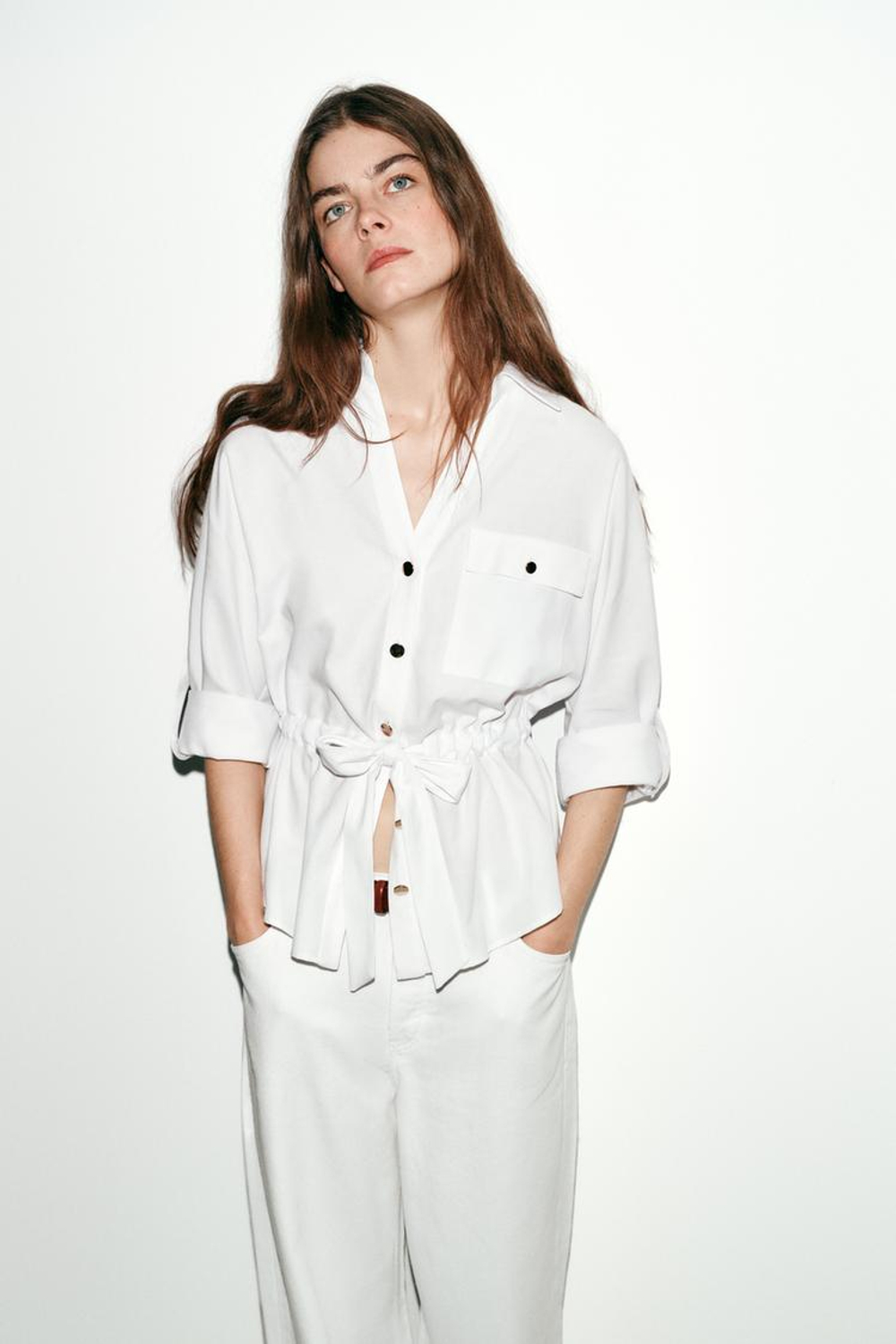 ZARA РУБАШКА САФАРИ ИЗ ПОПЛИНА, БЕЛЫЙ