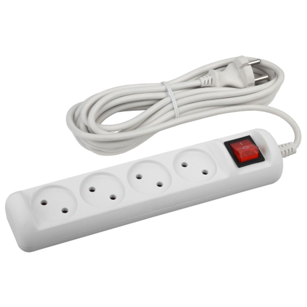 Удлинитель электрический ЭРА U-4s-5m-2x1 без заземления c выключателем 4 розетки 5 м ПВС 2x1мм2 10А | Бытовые удлинители