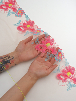 Вышивка на сетке загорелая телесная с мультиколор ширина 25 см (2 стороны)