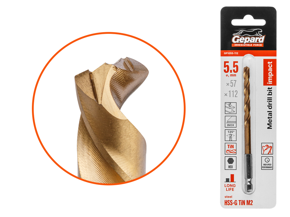 Сверло по металлу шестигр. 5.5х57х112 мм HSS-G TIN GEPARD