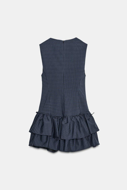 ZARA КОРОТКОЕ ПЛАТЬЕ В КЛЕТКУ С ВОЛАНАМИ, ИНДИГО