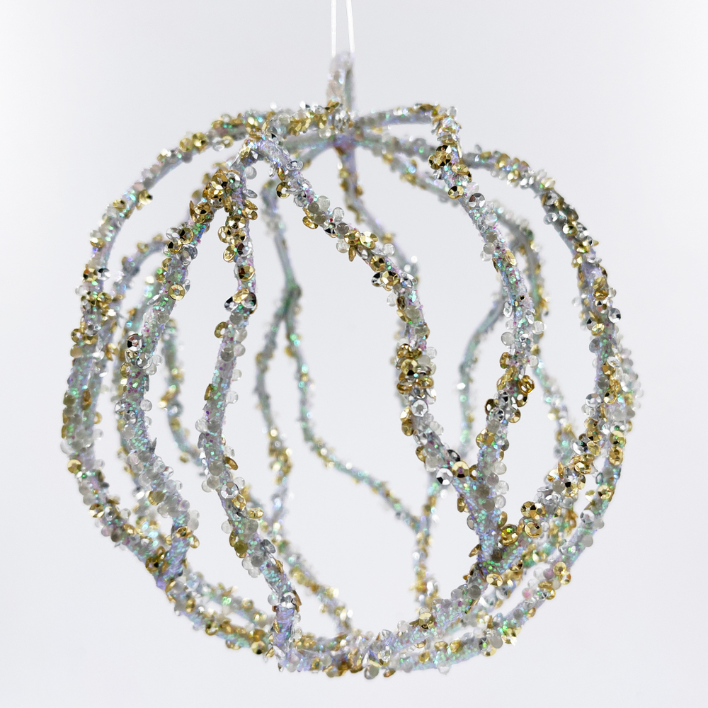 Елочная игрушка Шар резной 13см ChristmasDeLuxe перламутровый с пайетками глиттером и стеклярусом