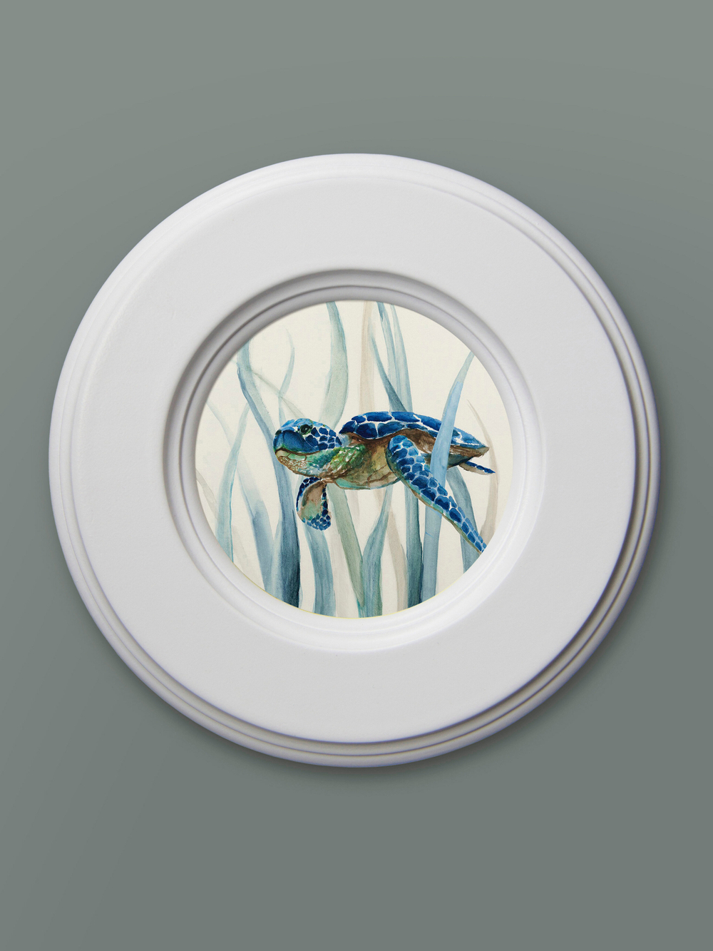 Картина на натуральном холсте в круглой деревянной раме "Морская черепаха"