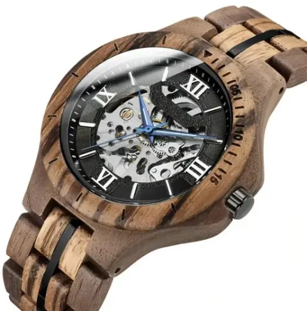 Часы наручные из натурального дерева механические с автоподзаводом скелетоны GUANGDONG на деревянном браслете, темно-коричневый/коричневый W10600-01