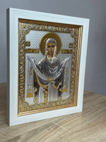 Покрова БМ, икона прямоугольная в рамке под стеклом, белое дерево, 232х280