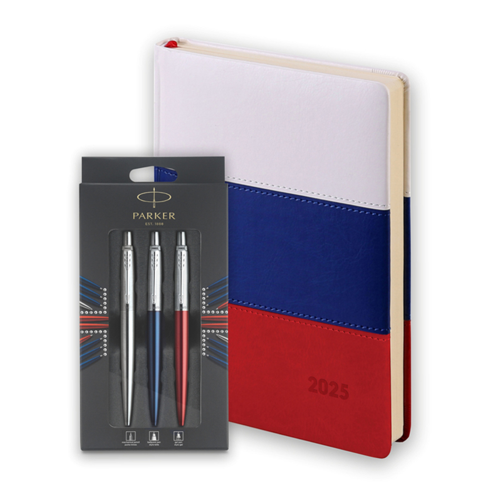 Подарочный набор Parker Jotter London Trio: гелевая ручка Red CT, шариковая ручка Blue CT, карандаш Stainless Steel CT и Ежедневник датир.триколор