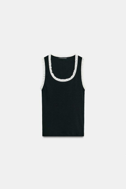 ZARA КОМБИНИРОВАННЫЙ КРУЖЕВНОЙ ТОП, ЧЕРНЫЙ/БЕЛЫЙ