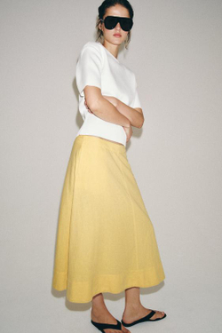 ZARA ЮБКА МИДИ ИЗ СМЕСОВОГО ЛЬНА — ZW COLLECTION, СВЕТЛО-ЖЕЛТЫЙ