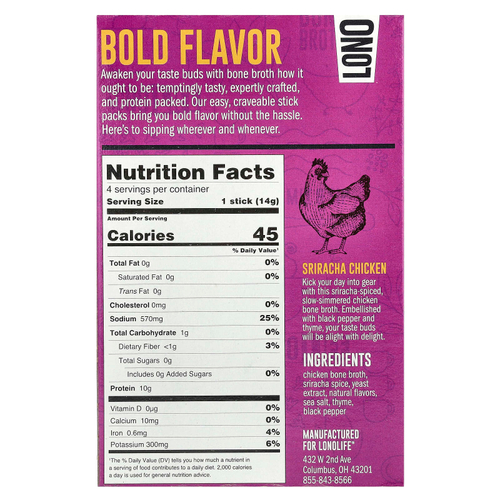 Lonolife, Sipping Bone Broth, курица шрирача, 4 порционные палочки, 14 г (0,49 унции)
