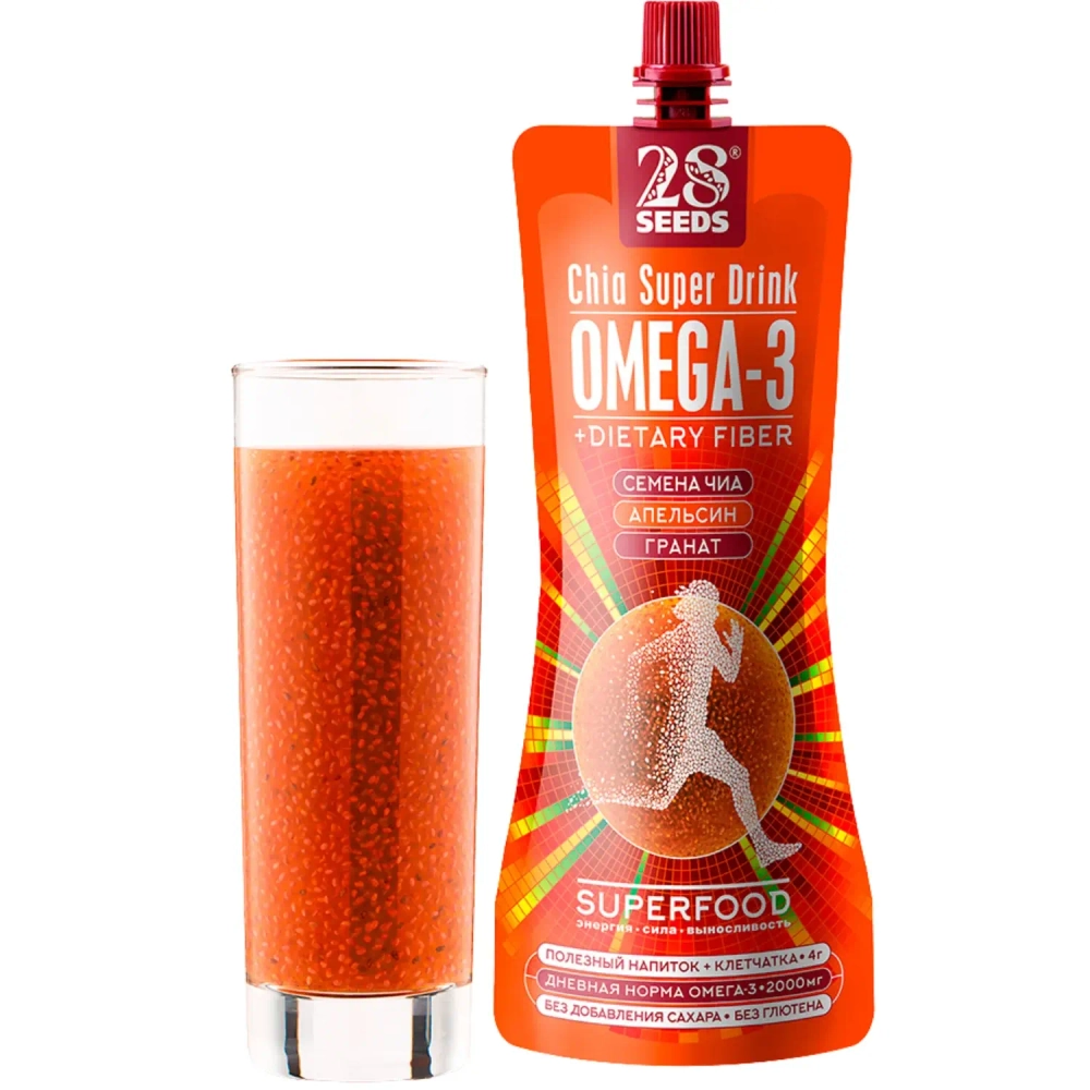 Напиток ЧИА ОМЕГА-3 «Апельсин + Гранат» 250 мл — напиток с семенами чиа в стакане
