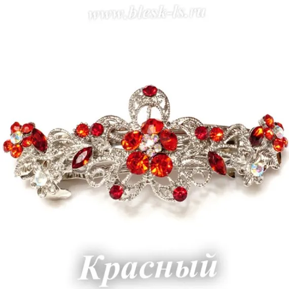 Заколка с замком на серебристой основе "Цветок", Красный