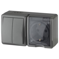 Блок розетка с выключателем ЭРА Эксперт 11-7402-03 двойной IP54 16A-10AX-250В ОУ серый | Эра Эксперт