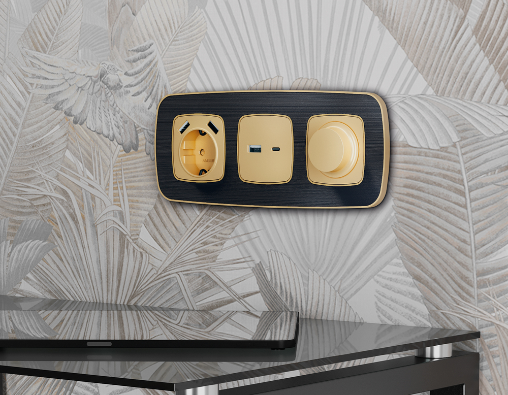 MO611010 Комплект механизма розетки OMEGA Шампань 2USB A+C 20W (быстрая зарядка) QUANT (OP6110, VM177)