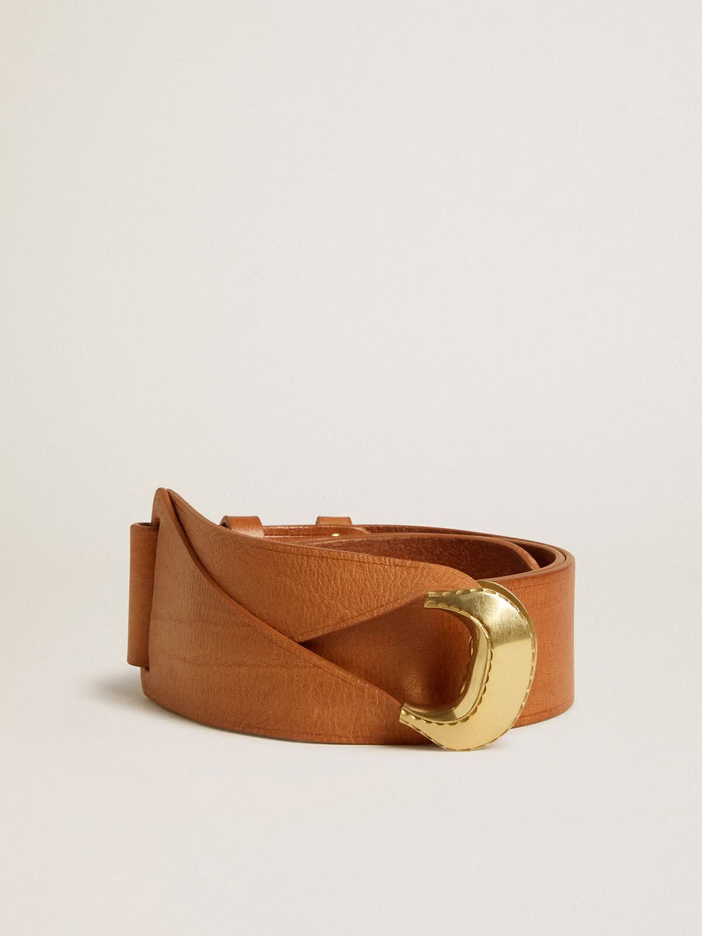 Women's brown leather belt with semi-circular gold buckle