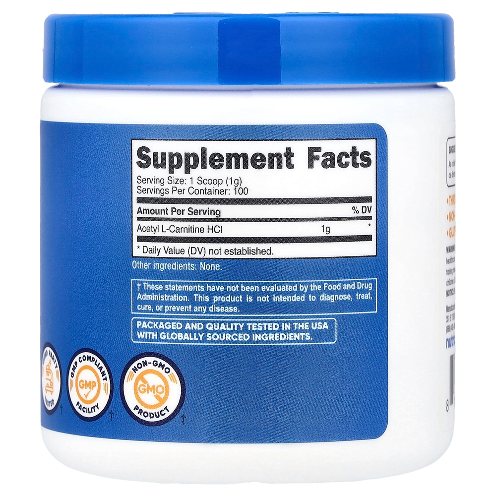 Nutricost, ацетил-L-карнитин гидрохлорид, без добавок, 100 г (3,6 унции)