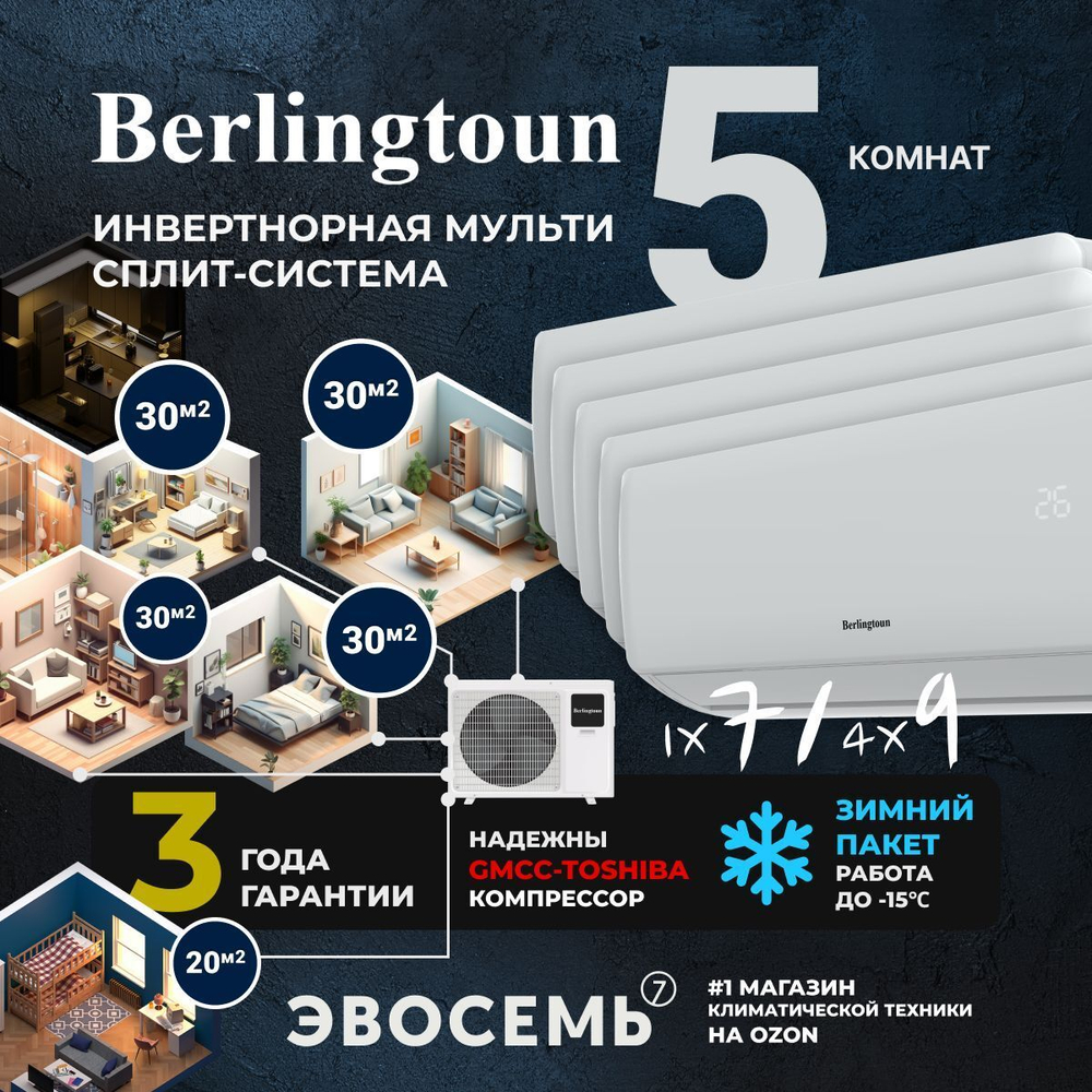 Инверторная мульти сплит-система Berlingtoun на 5 комнат (20м2 + 30м2x4) BMO-42/5AIN1/BMI-07AIN1 + BMI-09AIN1x4