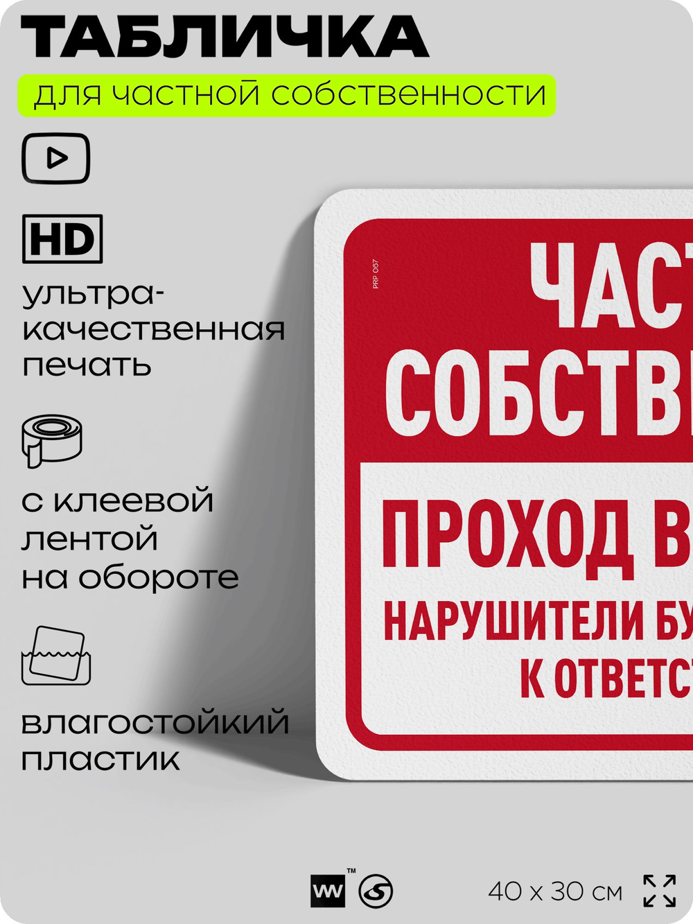 Табличка для частной территории "Частная собственность, проход воспрещен", на дом, для участка, организаций, предупреждающая, 40х30 см, Silver Plane x Айдентика Технолоджи