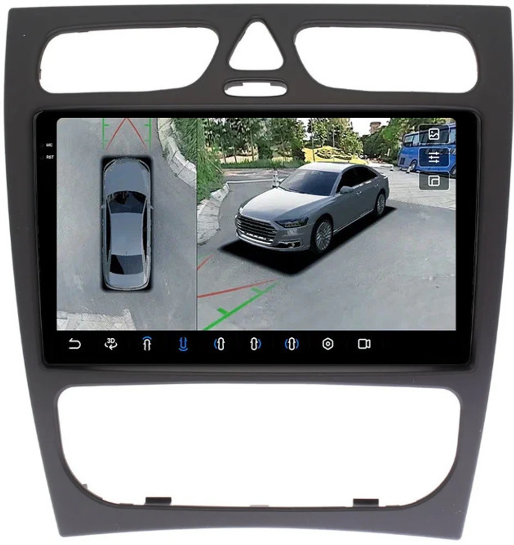 Магнитола для Mercedes-Benz G W463 2000-2006, C W203 2000-2004 (рамка большая) - FarCar BX1264M-360 монитор 9.5" 2K QLED на Android 13, 6Гб+128Гб, CarPlay, 4G SIM-слот, 4 камеры в комплекте