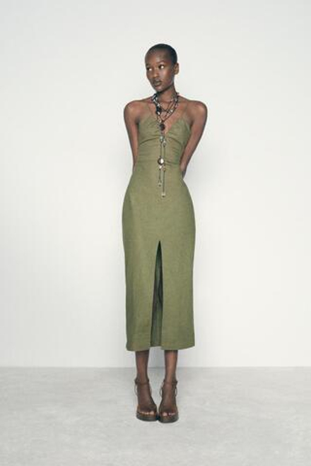 ZARA ПЛАТЬЕ МИДИ В БЕЛЬЕВОМ СТИЛЕ ИЗ СМЕСОВОГО ЛЬНА, ХАКИ