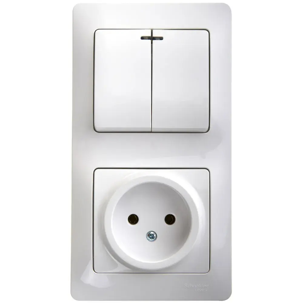 GLOSSA БЛОК: РОЗЕТКА без заземления + 2-клавишный ВЫКЛЮЧАТЕЛЬ с подсветкой, БЕЛЫЙ