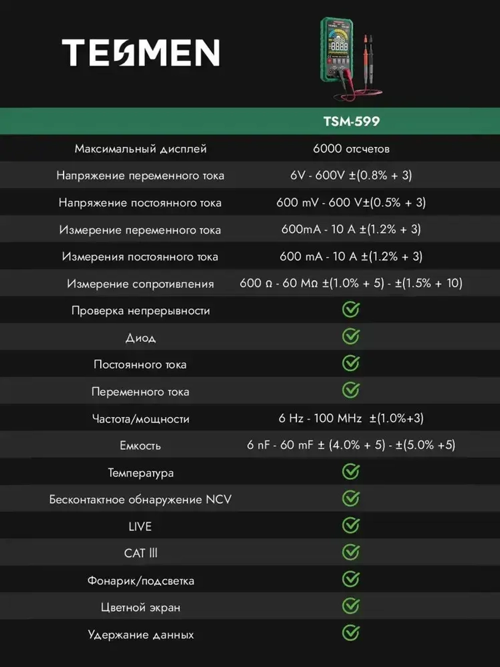 Мультиметр Цифровой автоматический TESMEN TSM-599 6000 отсчетов с защитным предохранителем, с измерением переменного и постоянного тока