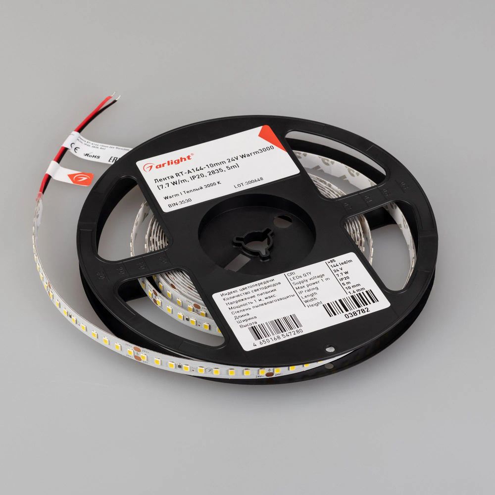 Светодиодная лента RT-A144-10mm 24V Warm3000 (7.7 W/m, IP20, 2835, 5m) (Arlight, высок.эфф.200 лм/Вт) 038782