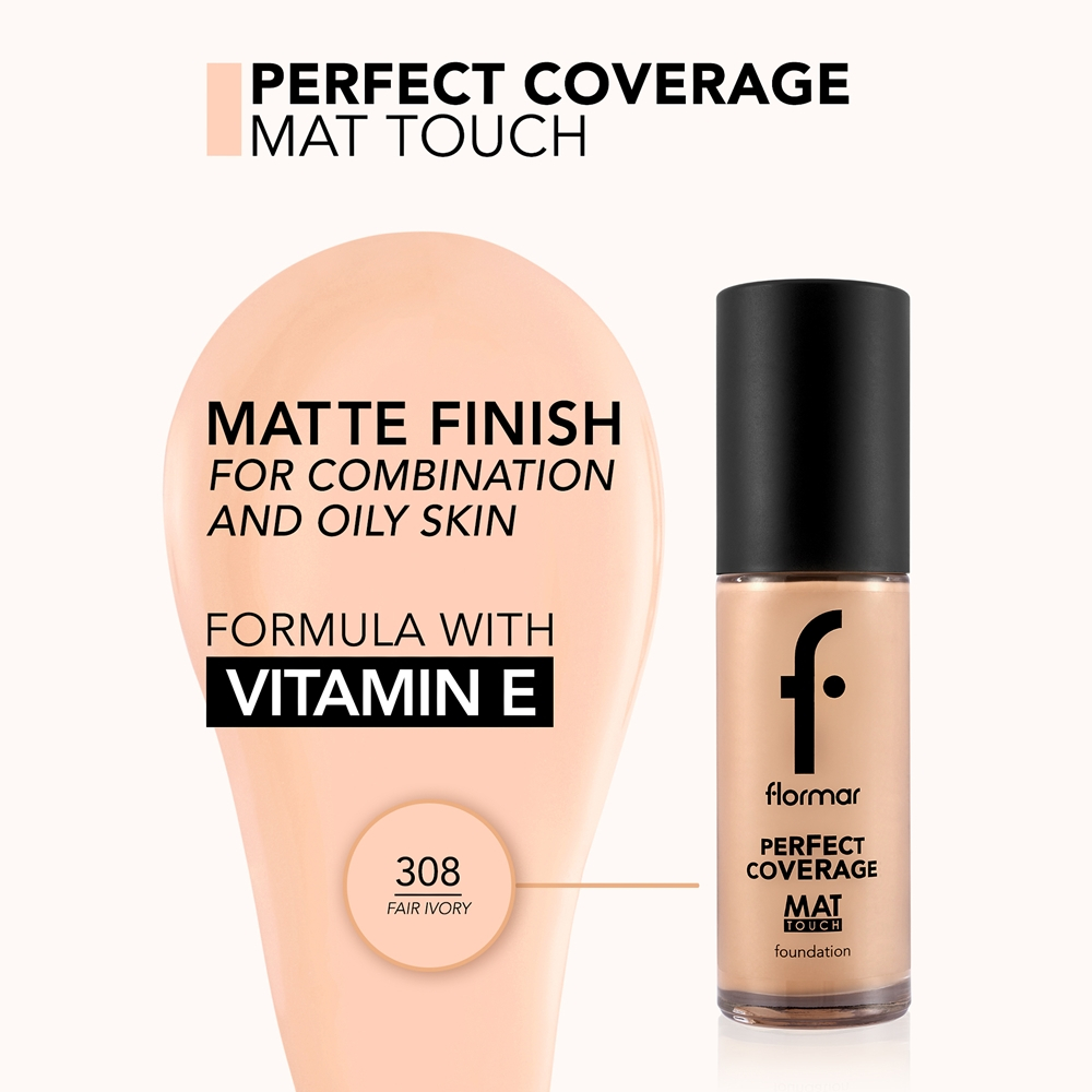 flormar Perfect Coverage Mat Touch Foundation - Матирующий тональный крем для жирной и комбинированной кожи оттенок 308 Fair Ivory, 30 ml