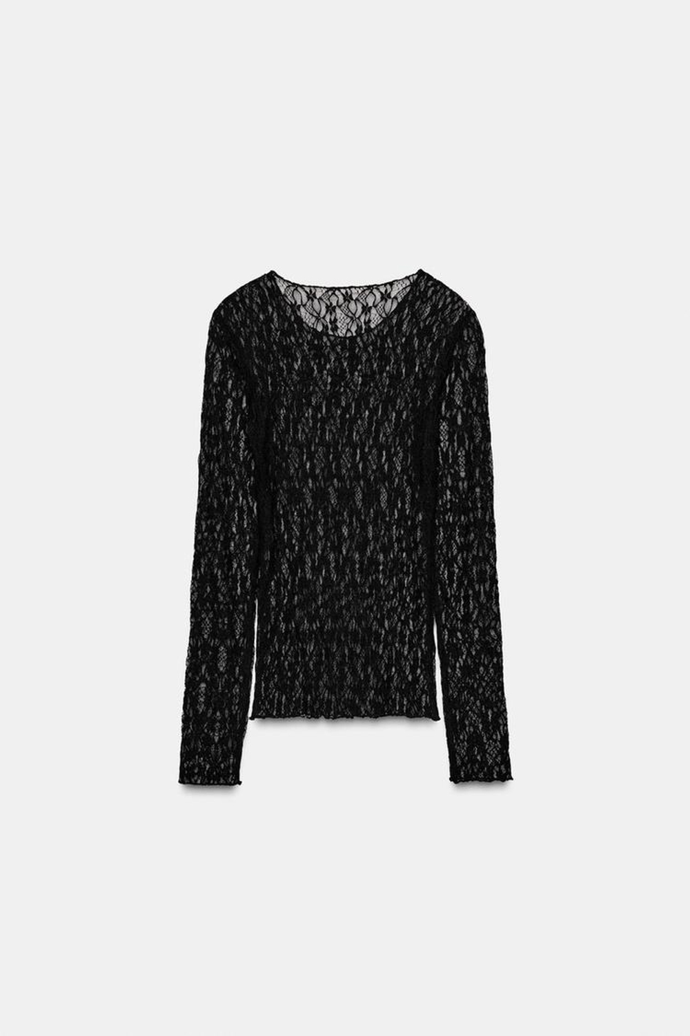 ZARA КРУЖЕВНОЙ ТОП С ДЛИННЫМИ РУКАВАМИ, ЧЕРНЫЙ