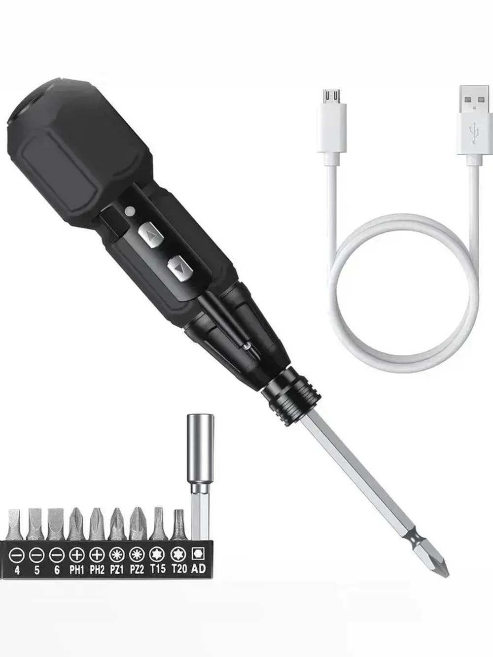 Отвертка аккумуляторная электрическая. Электроотвертка многофункциональная с набором бит. Мини - отвертка с USB и подсветкой. Черный