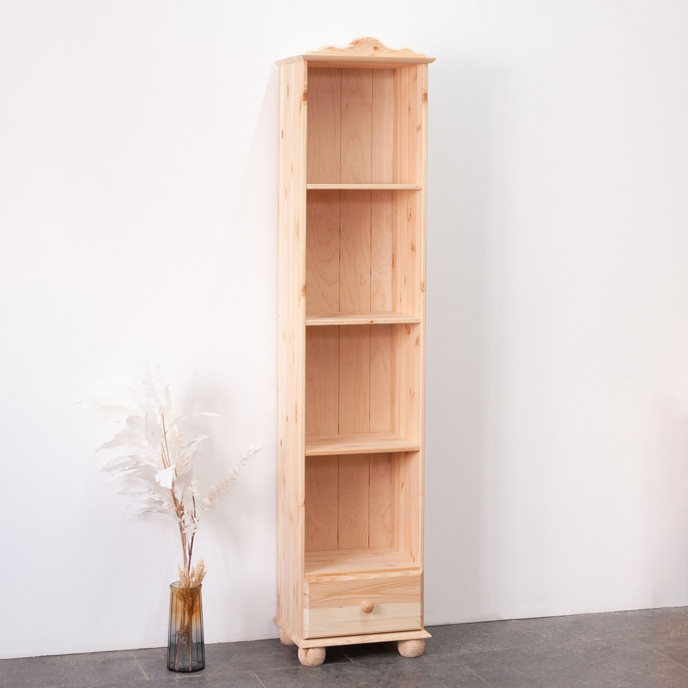 Стеллаж 3 полки Бритта из массива сосны с ящиком, 40х32х182 см, в натуральной отделке