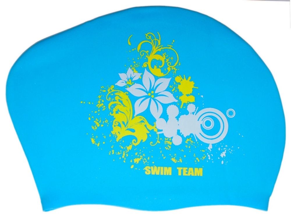 Шапочка для плавания для длинных волос цветы: KW-F  (Голубой)