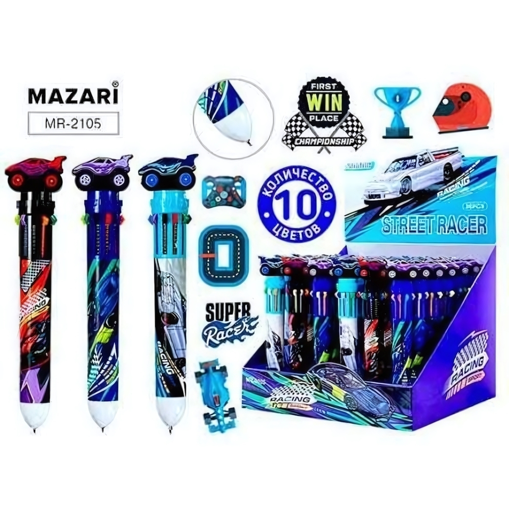 Ручка шарик. автомат 10цв. 0.7мм. "Racing" корп. цветной, cмен.стержень 68 мм. (Mazari)