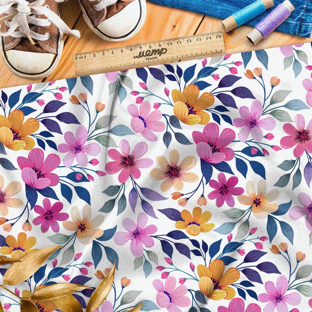 Ткань дюспо яркие жёлтые и розовые ромашки на белом фоне