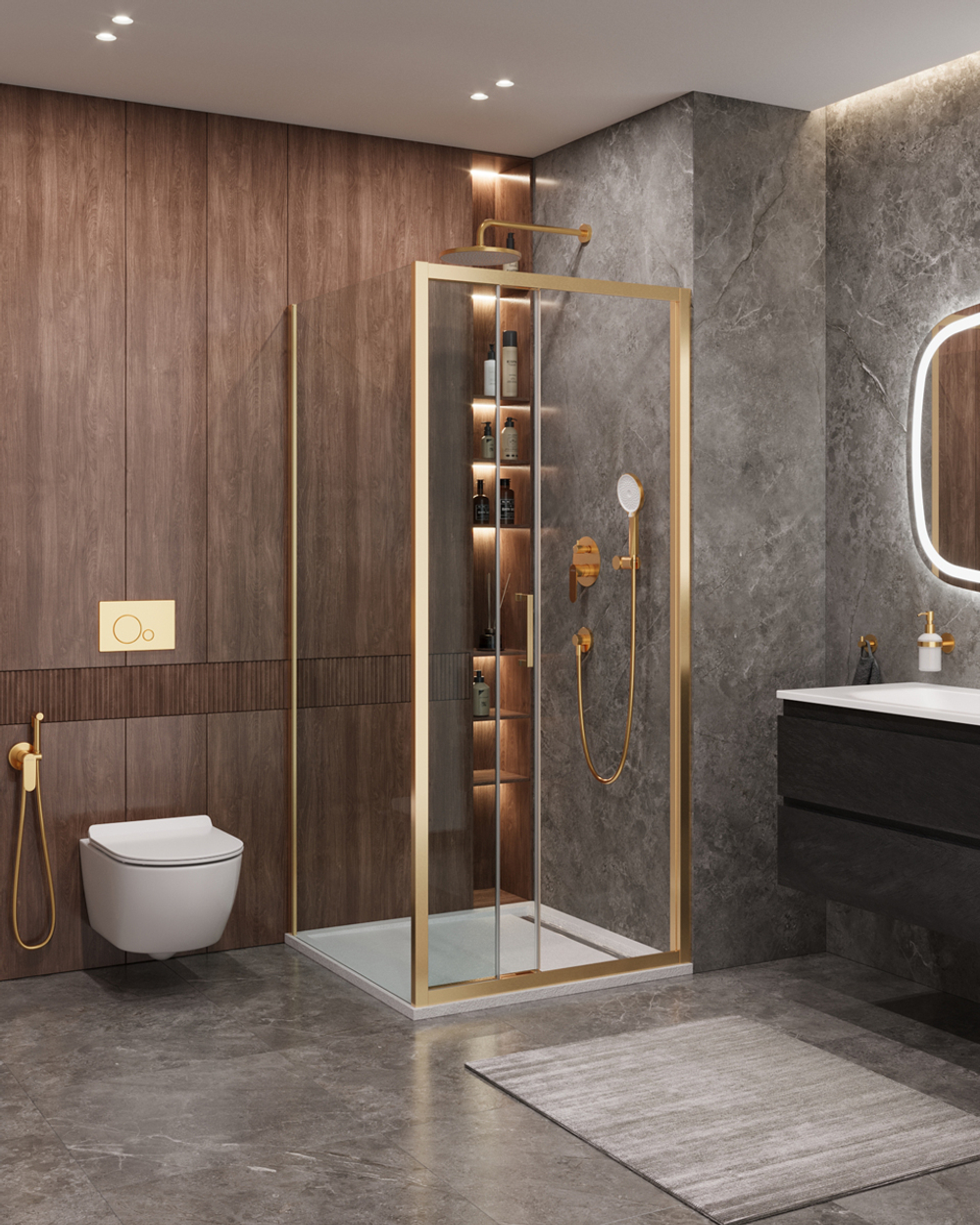 Душевой уголок Cezares MOLVENO-AF-31-90-C-BORO-IV, 90х90х195, профиль брашированное золото, прозрачное стекло