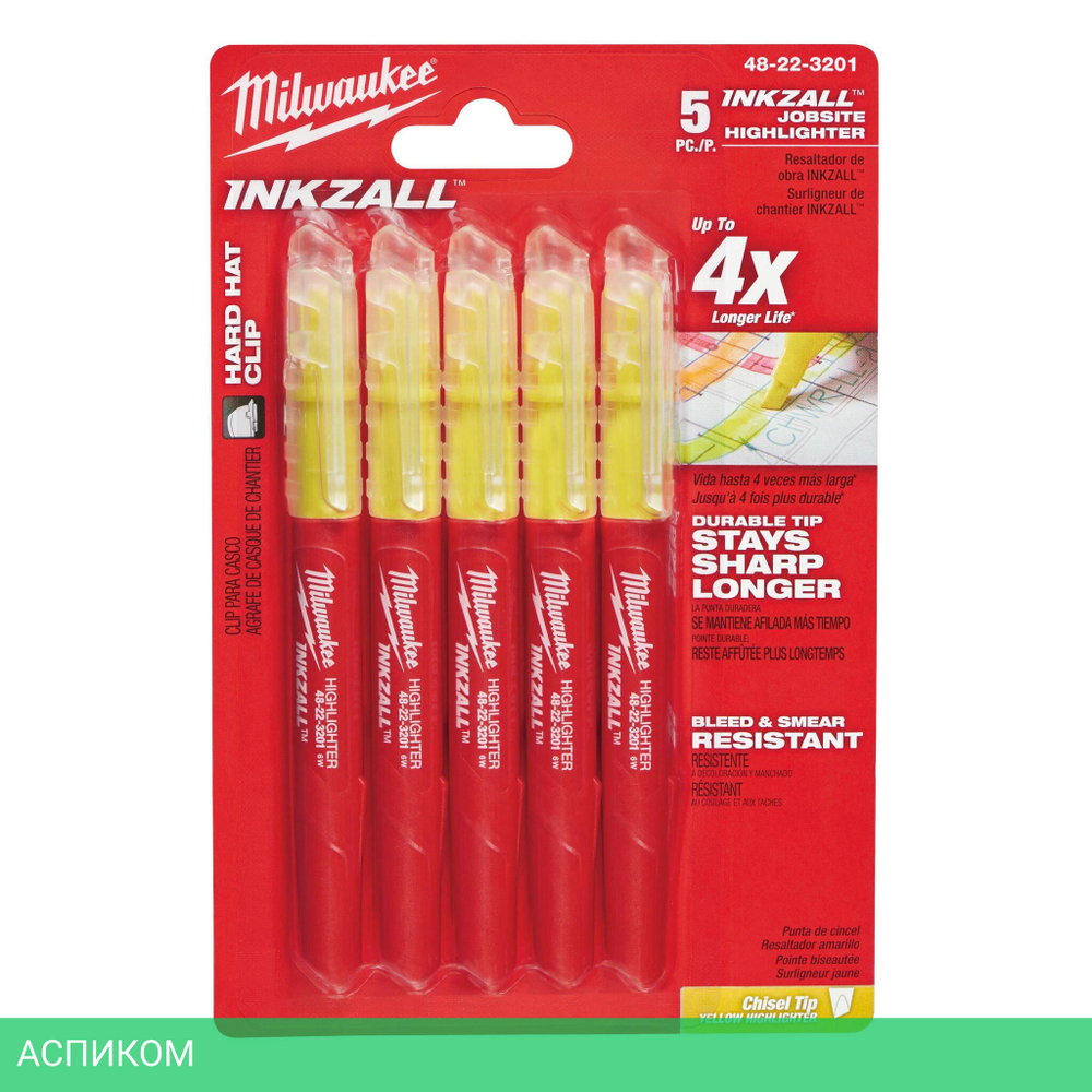 Текстовыделитель строительный Milwaukee Inkzall 5шт желтый (48223201)