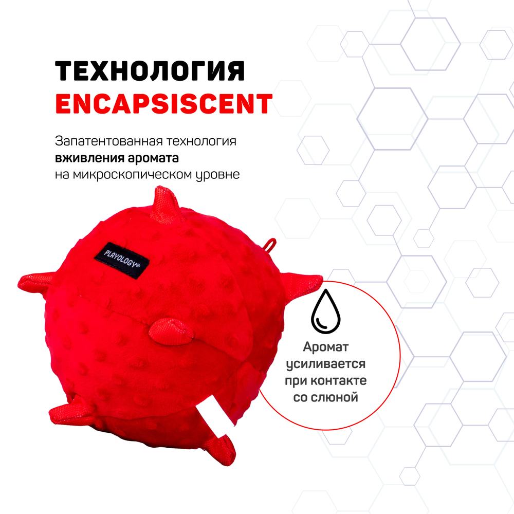 Сенсорный плюшевый мяч Playology PUPPY SENSORY BALL 15 см для щенков средних и крупных пород 8-16 недель с ароматом говядины, цвет красный