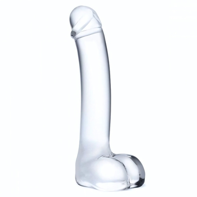Прозрачный стеклянный фаллос с мошонкой Curved G-Spot - 18 см. (Цвет: прозрачный)