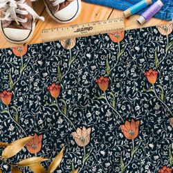 Ткань блэкаут резные тюльпаны с сеткой из тонких белых растений