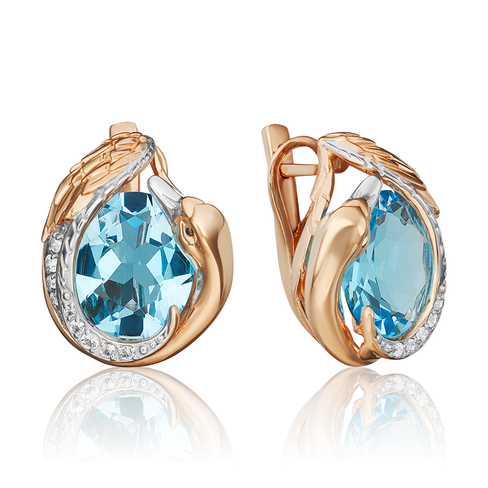 Серьги «Лебеди» из красного золота с топазом и натуральными топазами white